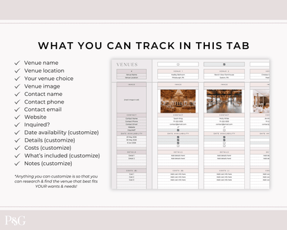 Wedding Venue and Vendor Comparison Spreadsheet for Google Sheets - Palm &amp; Grace