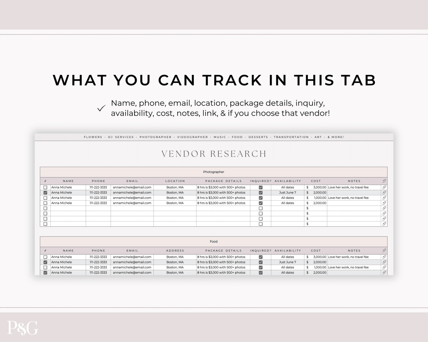 Wedding Venue and Vendor Comparison Spreadsheet for Google Sheets - Palm &amp; Grace