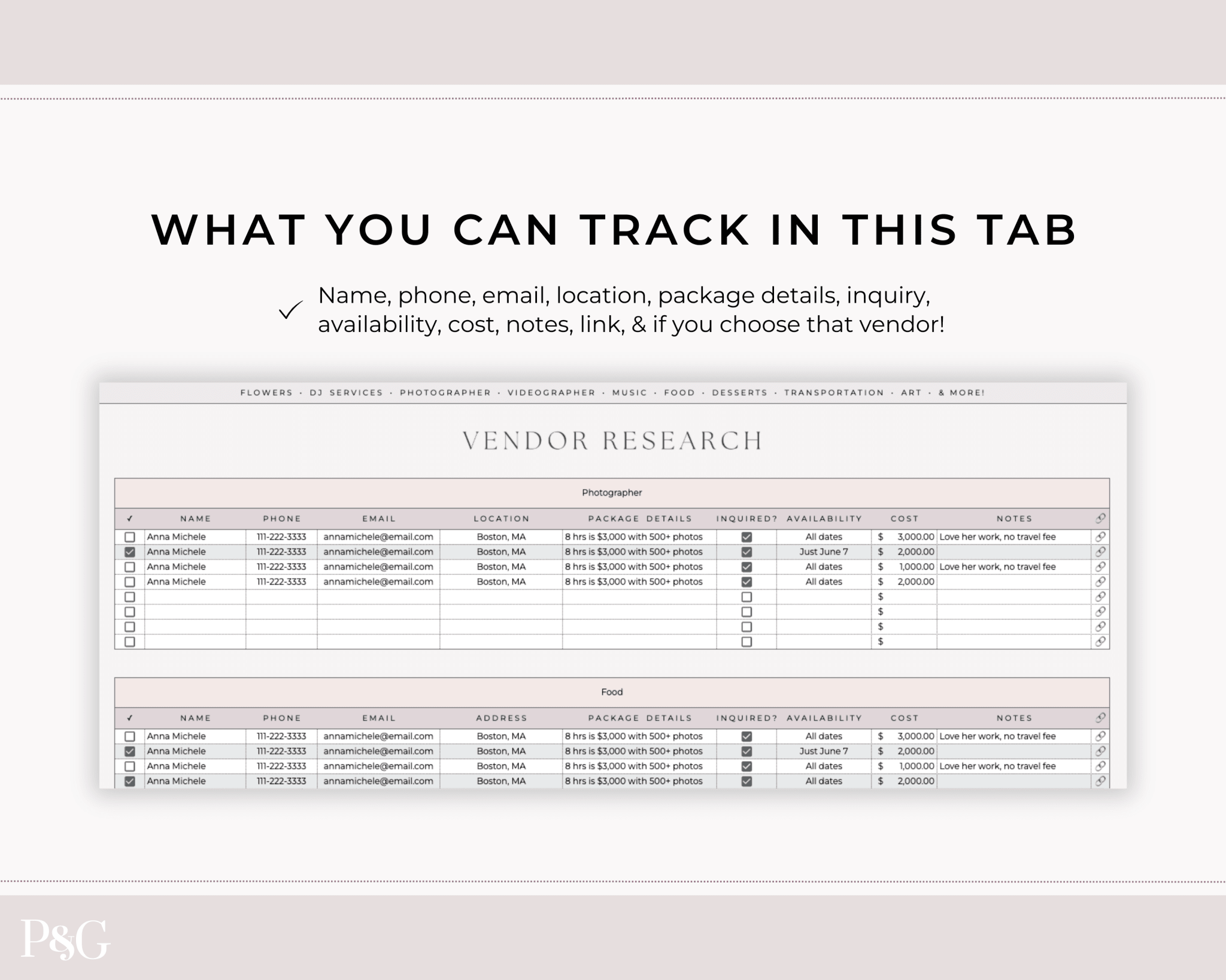 Wedding Venue and Vendor Comparison Spreadsheet for Google Sheets - Palm &amp; Grace