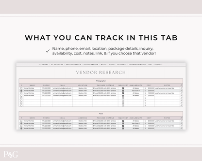 Wedding Venue and Vendor Comparison Spreadsheet for Google Sheets - Palm &amp; Grace