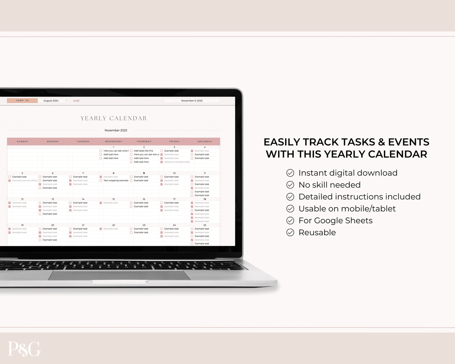 Yearly Calendar Spreadsheet Template for Google Sheets - Palm &amp; Grace 