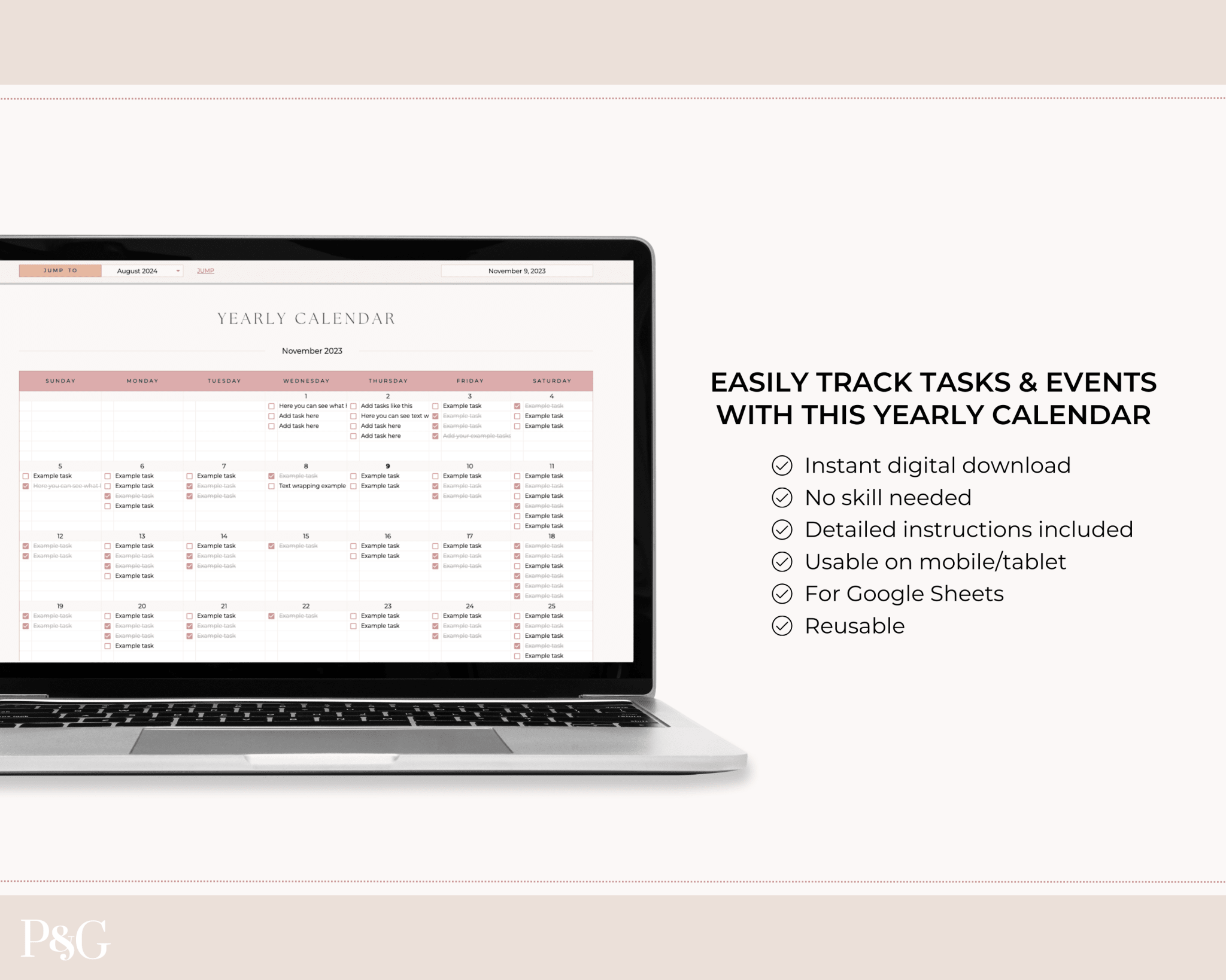 Yearly Calendar Spreadsheet Template for Google Sheets - Palm &amp; Grace 