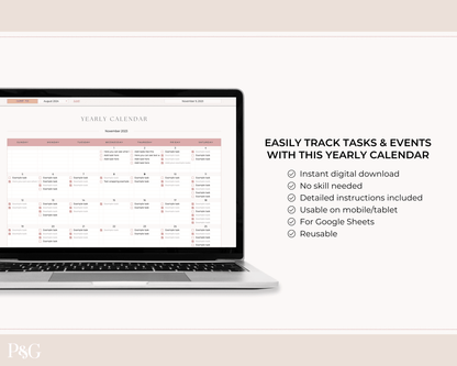Yearly Calendar Spreadsheet Template for Google Sheets - Palm &amp; Grace 
