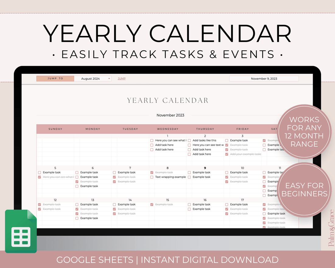 Yearly Calendar Spreadsheet Template for Google Sheets - Palm &amp; Grace 