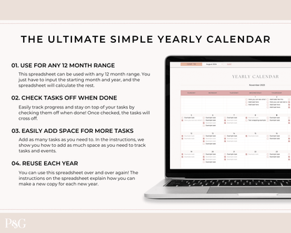 Yearly Calendar Spreadsheet Template for Google Sheets - Palm &amp; Grace 