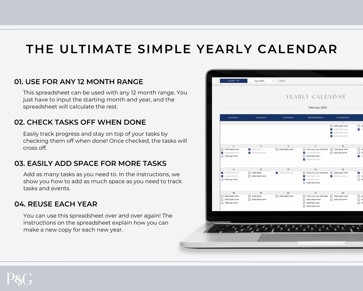 Yearly Calendar Spreadsheet Template for Google Sheets - Palm &amp; Grace 