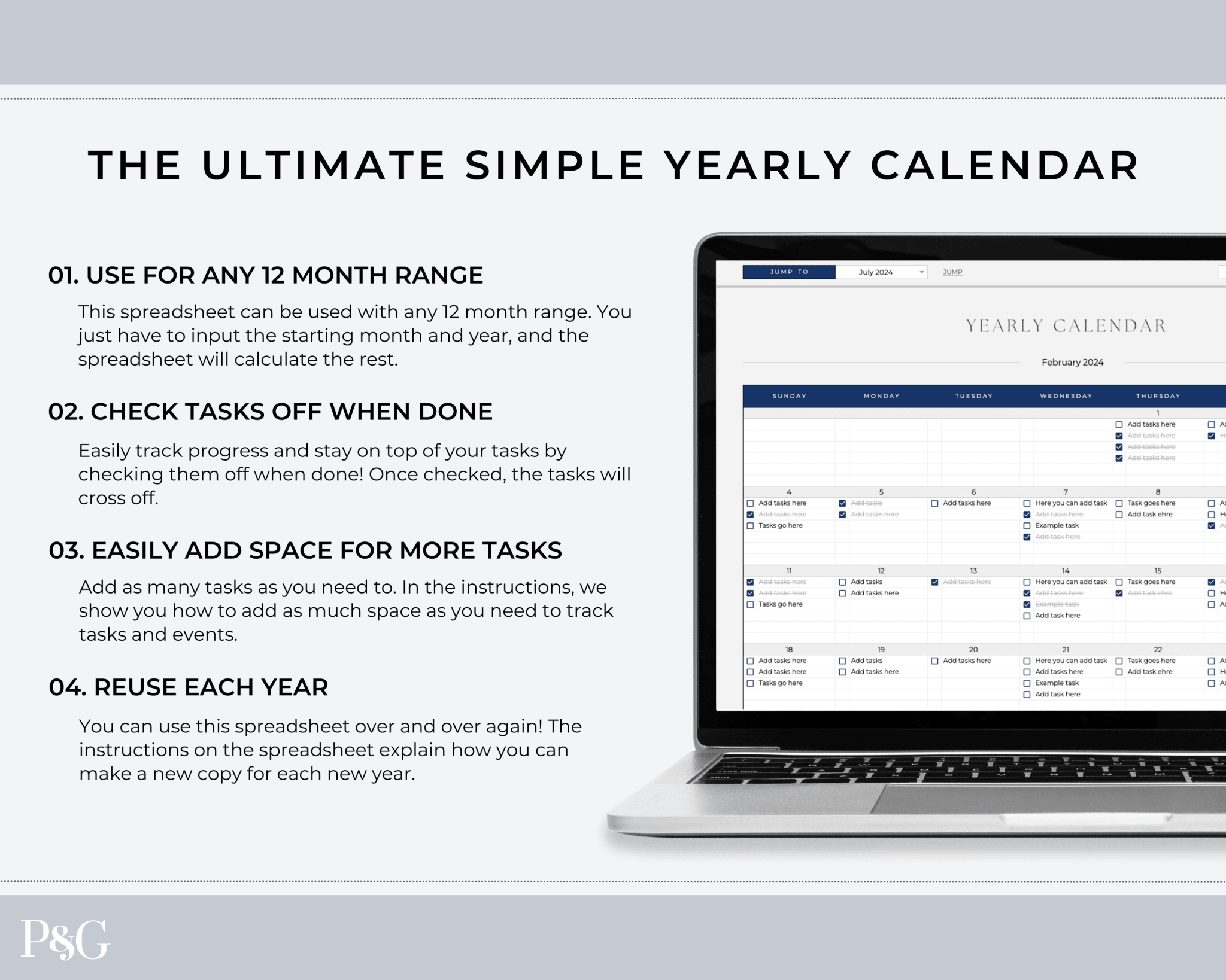 Yearly Calendar Spreadsheet Template for Google Sheets - Palm &amp; Grace 