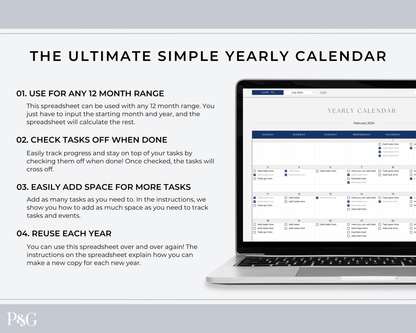Yearly Calendar Spreadsheet Template for Google Sheets - Palm &amp; Grace 