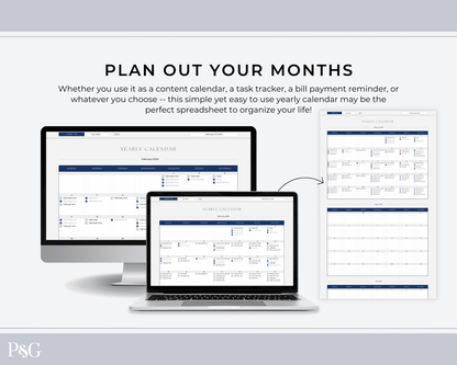 Yearly Calendar Spreadsheet Template for Google Sheets - Palm &amp; Grace 