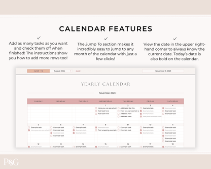 Yearly Calendar Spreadsheet Template for Google Sheets - Palm &amp; Grace 