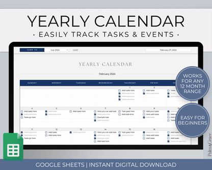 Yearly Calendar Spreadsheet Template for Google Sheets - Palm &amp; Grace 