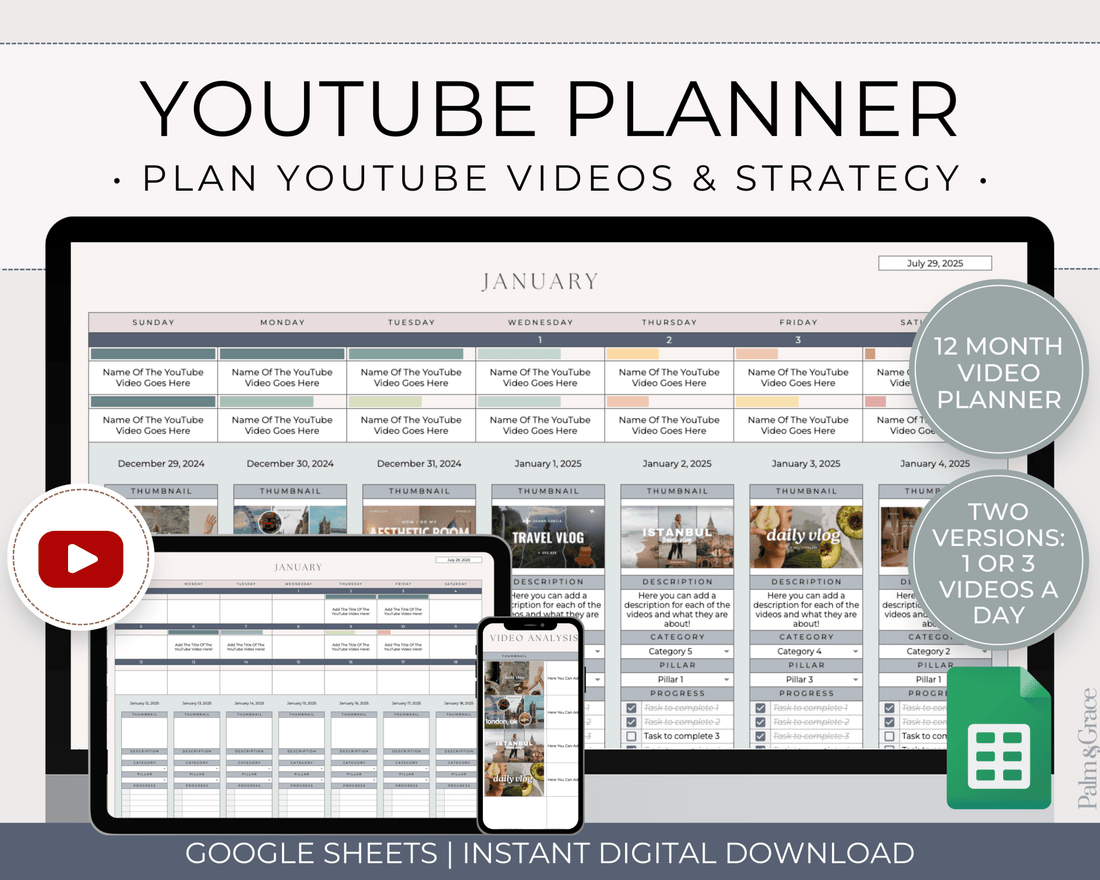 YouTube Planner Spreadsheet Template For Google Sheets - Palm &amp; Grace