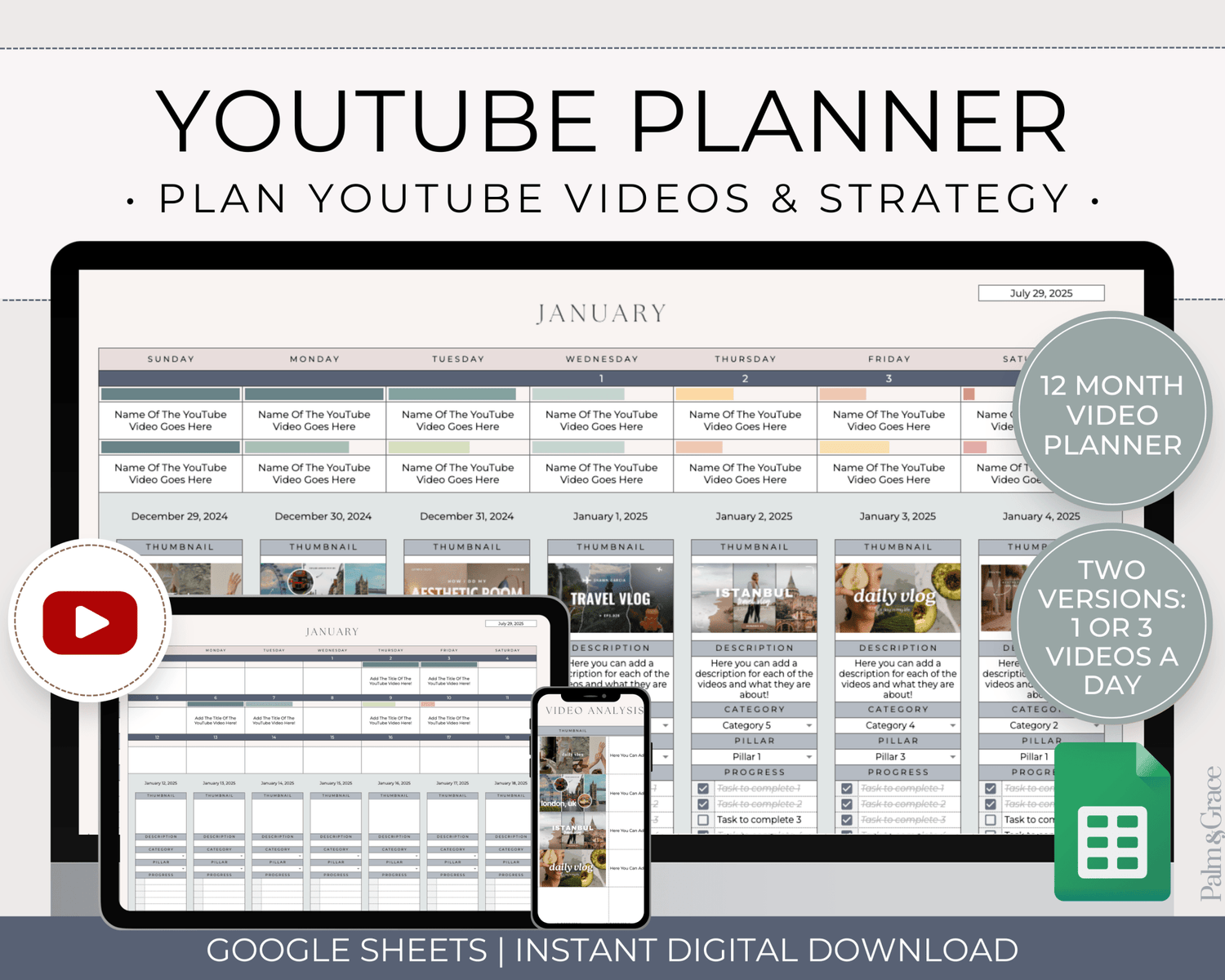 YouTube Planner Spreadsheet Template For Google Sheets - Palm &amp; Grace